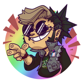 A caricature of myself, bangs are up and swept to the side. A grin and circular glasses that obscure the eyes. A peace sign with the index, middle, and thumb are pointing outwards.